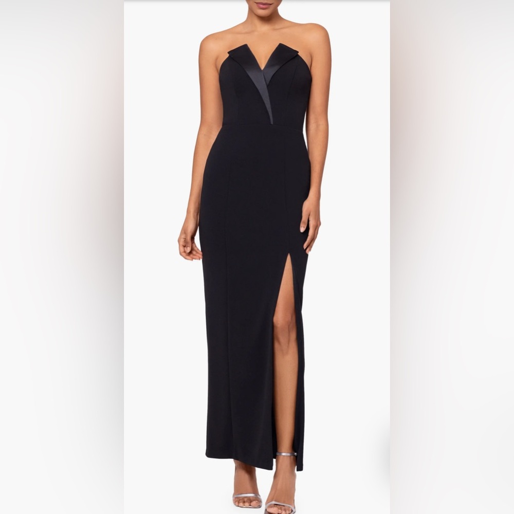 Betsy & Adam Tux Detail Strapless Column Gown